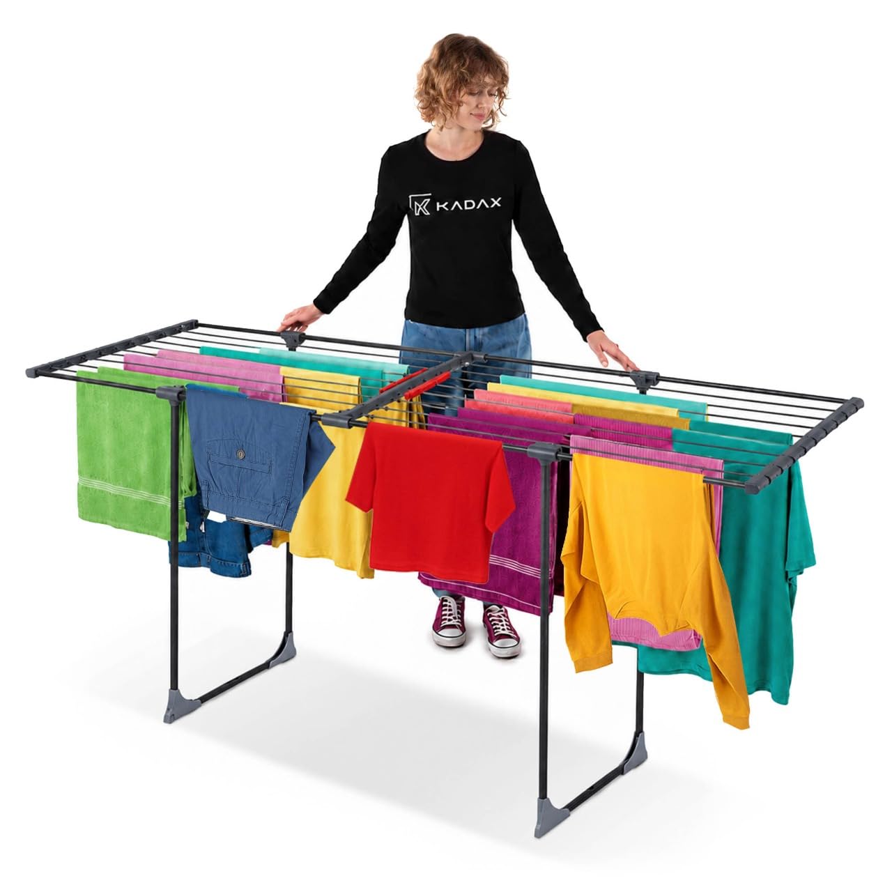 KADAX Tendedero Extensible de Acero Resistente con Capacidad para Ropa de Gran Volumen, Ruedas, Diseño Plegable y Estructura Grande (Negro)