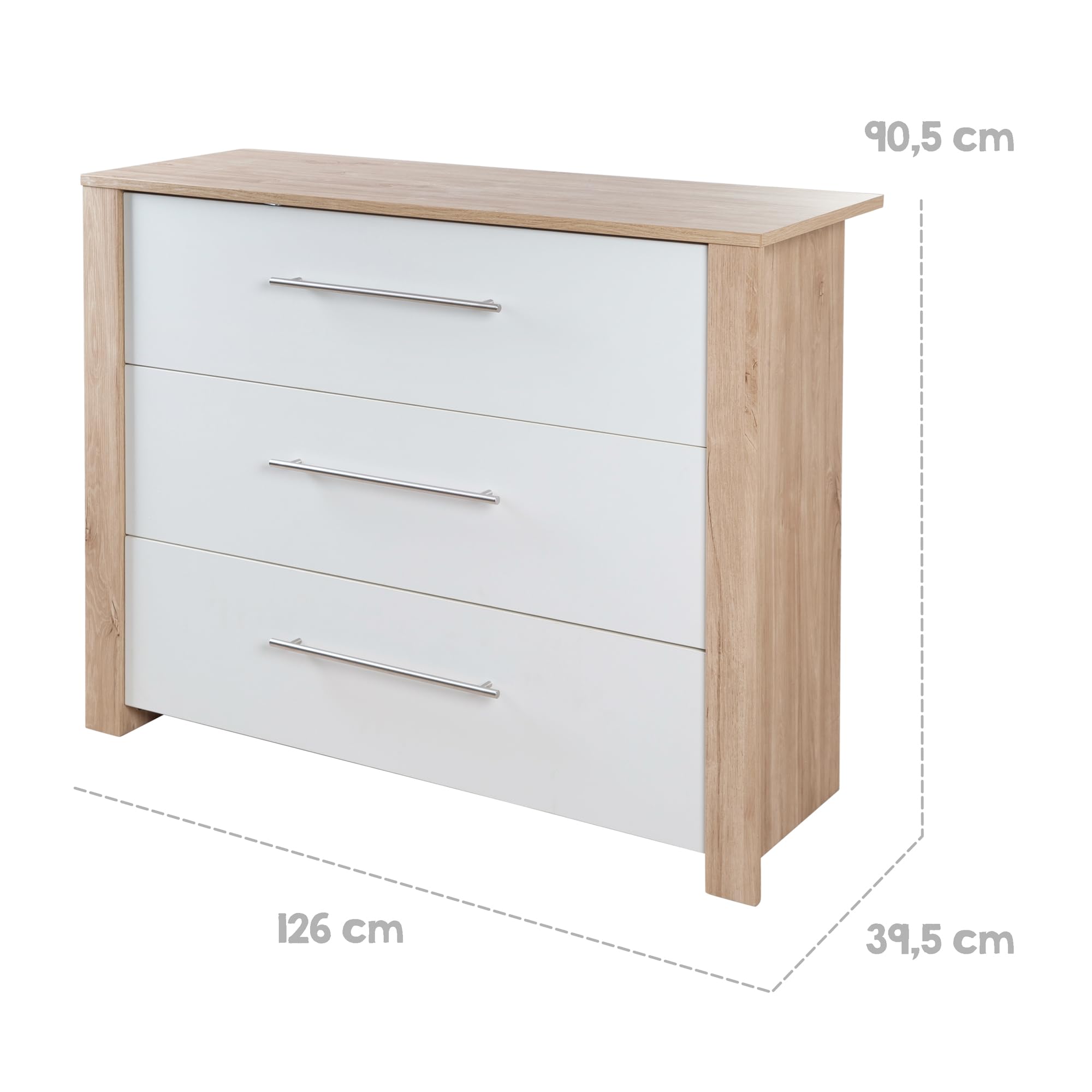 roba Commode à Langer Malo - 3 Tiroirs à Extension Totale - Plan Amovible - Convertible en Commode pour Le Salon - Poignées en Acier Inoxydable - Blanc/Chêne Clair, 1731863