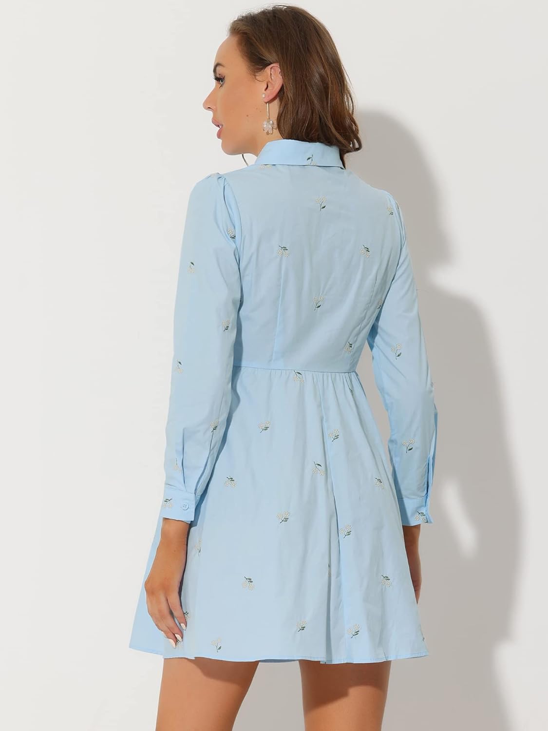 Allegra K Women's Shirt Dress Long Sleeve Collared Floral Embroidered Casual Mini Dresses - Image 4