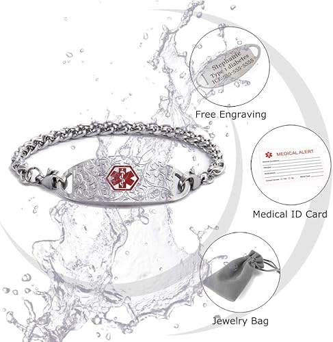 Miniatura 6 de Pulsera de identificación de alerta médica, cadena de acero inoxidable intercambiable con etiqueta de filigrana, pulseras de identificación de