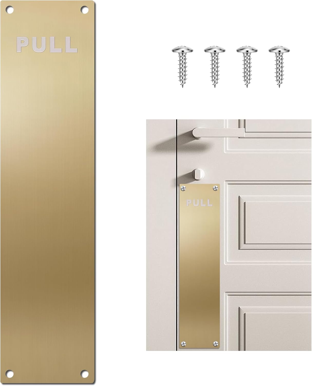 Brushed Gold 12" x 3" Vertical Door Plate with "Pull" Sign, Stainless Steel Scratch Protection Kickplate for Interior/Exterior Doors