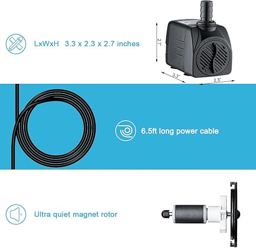 Miniatura 4 de Bomba de agua sumergible ultra silenciosa de 400 GPH de 1500 L/H 25 W con elevación de 6.6 pies de altura para fuentes, hidroponía, estanques,
