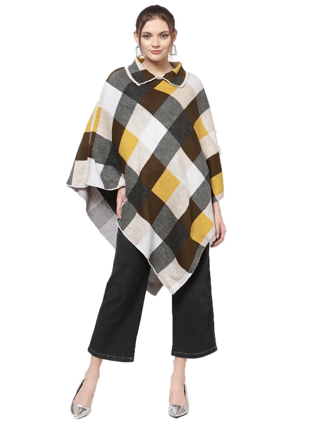 Women Girls Acrylic Winter Wear Solid Knitted Open Front Poncho Shrug,Yellow Black-image-27