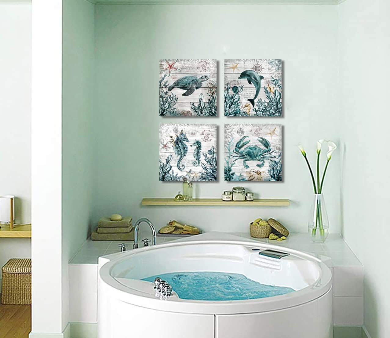 4 Panel Wall Art for Bathroom-Blue Ocean Nautical Theme Canvas Prints Painting on Wooden Background-Turtle Dolphin Hippocampus Crab Wall Decor for Gift Artwork for Bedroom 12x12in