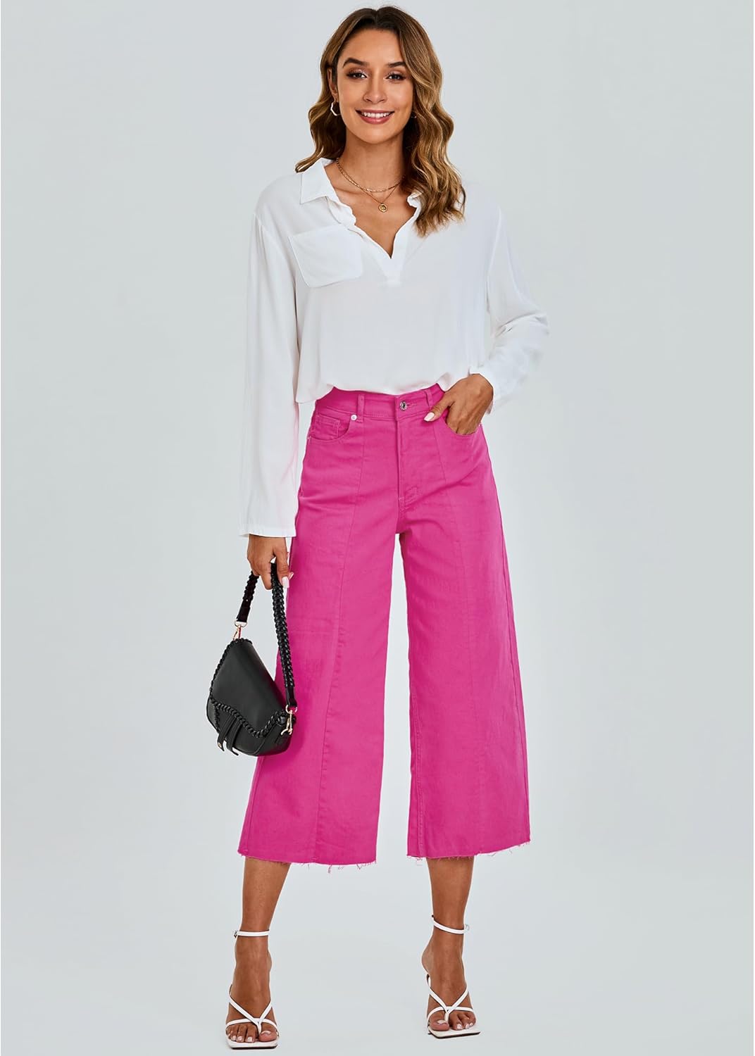 luvamia Wide Leg Capris Jeans for Women Trendy High Waisted Jean Capris Raw Hem Stretchy Denim Cropped Pants - Image 5