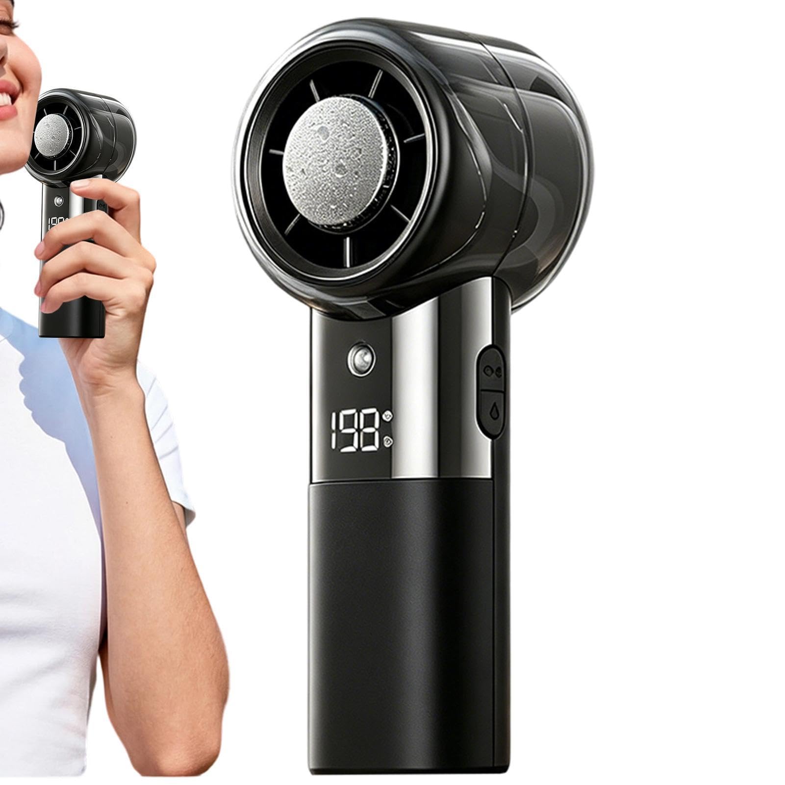 Ventilador portátil de mano con pantalla digital y función de rociador para refrescar el verano