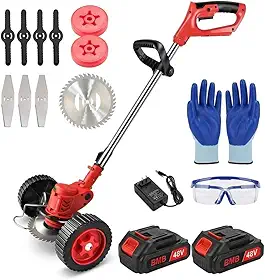 Roçadeira Elétrica Profissional com Rodas, Aparador de Grama Recarregável Sem Fio, Kit Completo com 2 Baterias de Íon de Lítio para Jardinagem Residencial (48V)