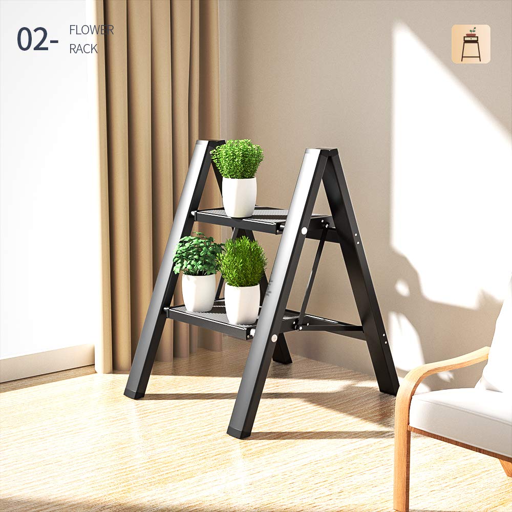 2 Step Ladder Folding Step Stool with Anti-Slip Sturdy and Wide Pedal, Aluminum Portable Lightweight Step Stool for Adults Multi-Use for Home and Kitchen, Black, 330 lbs 1