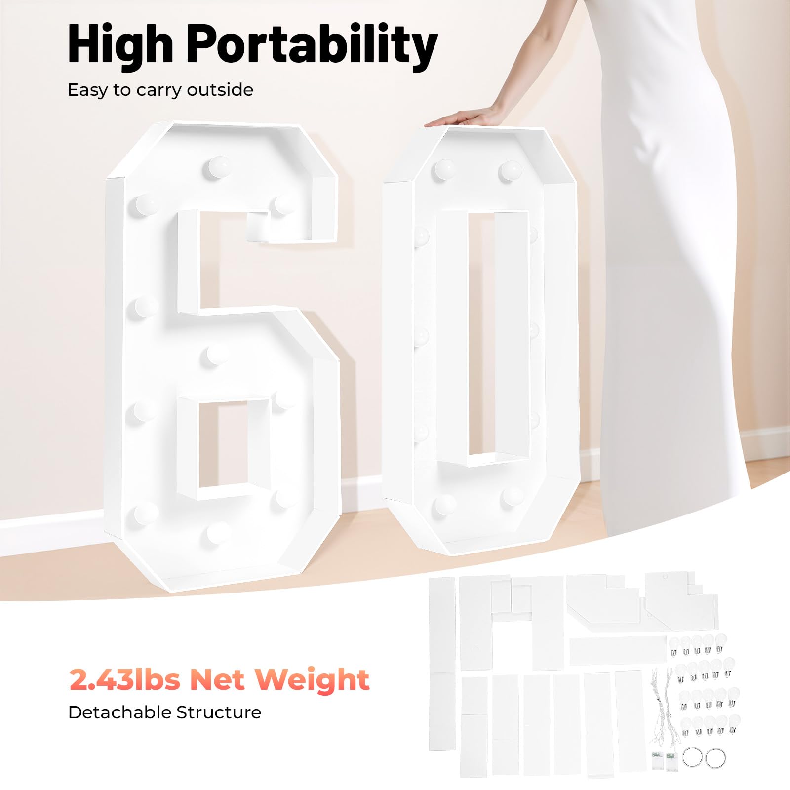 Lampada con numeri da 100 cm "60" con 20 luci LED, lettere luminose alimentate a batteria per 60° compleanno, cavo luminoso riutilizzabile in piastra KT, per feste ed eventi, bianco