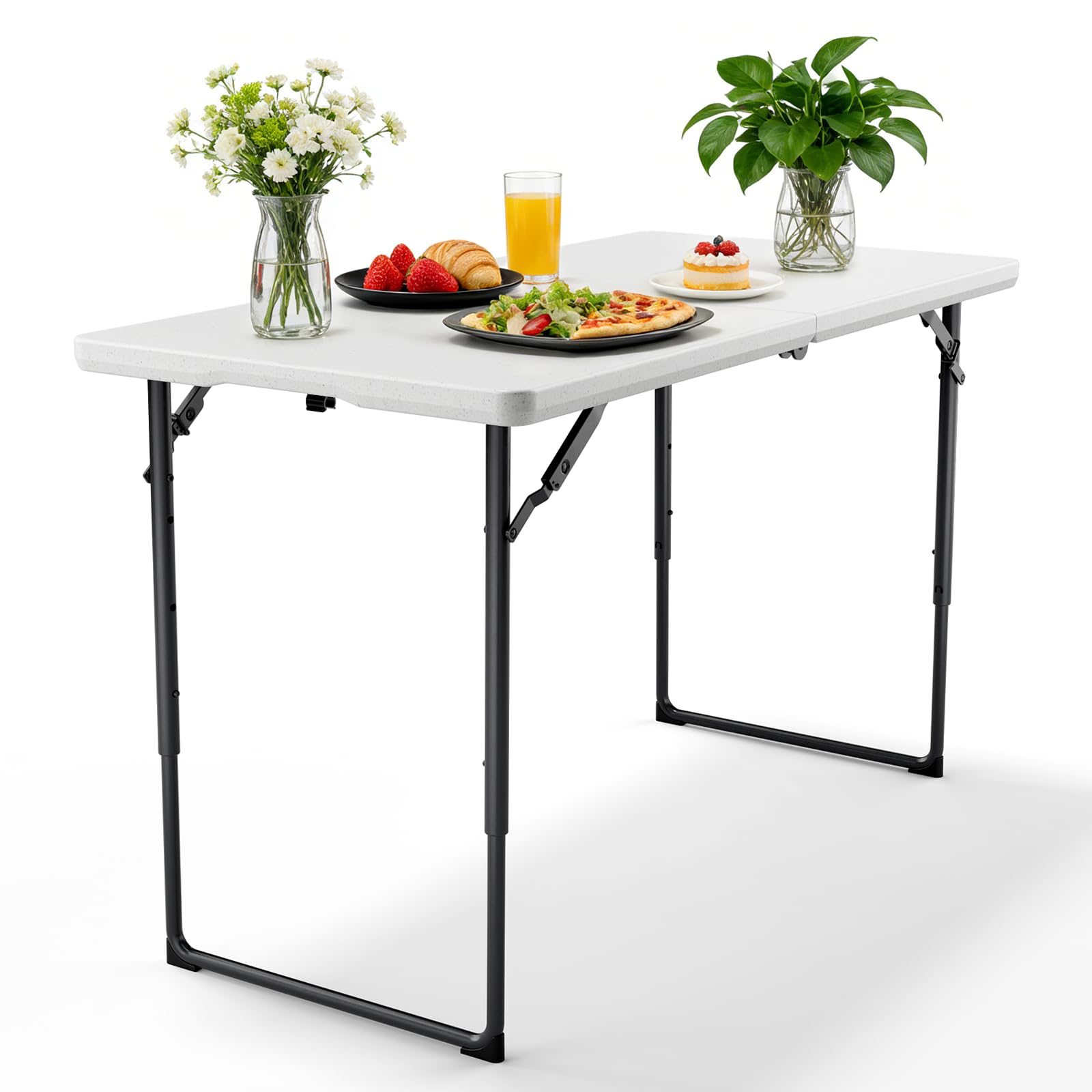 FurniEdge 4ft Folding Table with Adjustable Height, Heavy Duty Fold-in-Half Plastic Table with Steel Legs, Portable for Indoor, Outdoor, Picnic,