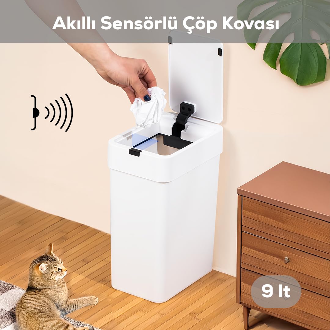 Porsima Me-06 Hareket Sensörlü 9lt Sessiz Banyo Mutfak Çöp Kovası Beyaz