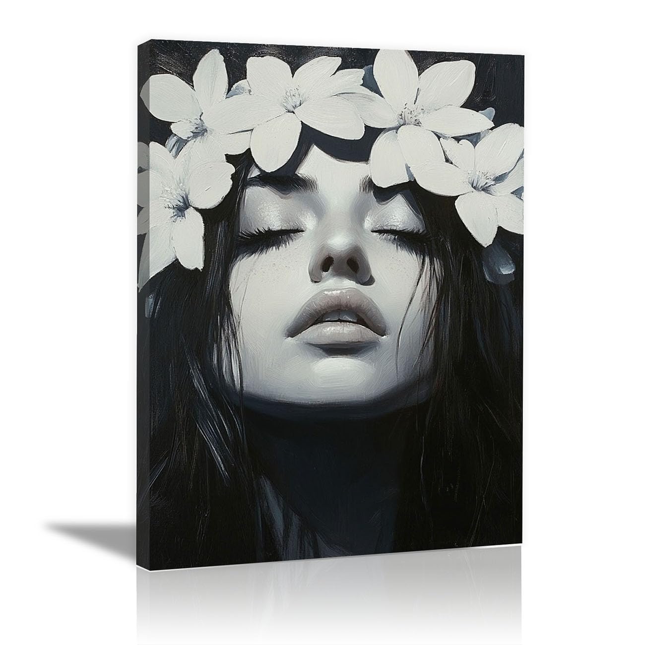 QUSAAOU Black Woman Canvas Wall White Flower Crown Painting Graffiti Canvas Art Posters Prints African Woman Modern Picture For Living Room Bedroom Office(black)-80x120cm1 Unframed