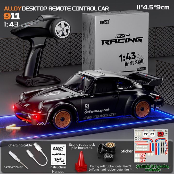 Image of Bestie toys Mini RC Drift Car with Gyro, 1 /43 Scale Remote Control Car High Speed Racing Micro Small with Full Proportional RTR 2.4GHz Remote 2 Tire Sets 8 Cones (Porche 911 Black Special Edition)