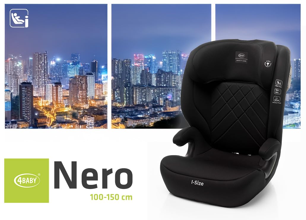 KINDERSITZ 4Baby Nero i-SIZE 100-150 cm, 10-fach VERSTELLBARE, KOPFSTÜTZE, Seitenaufprallschutz (Schwarz)