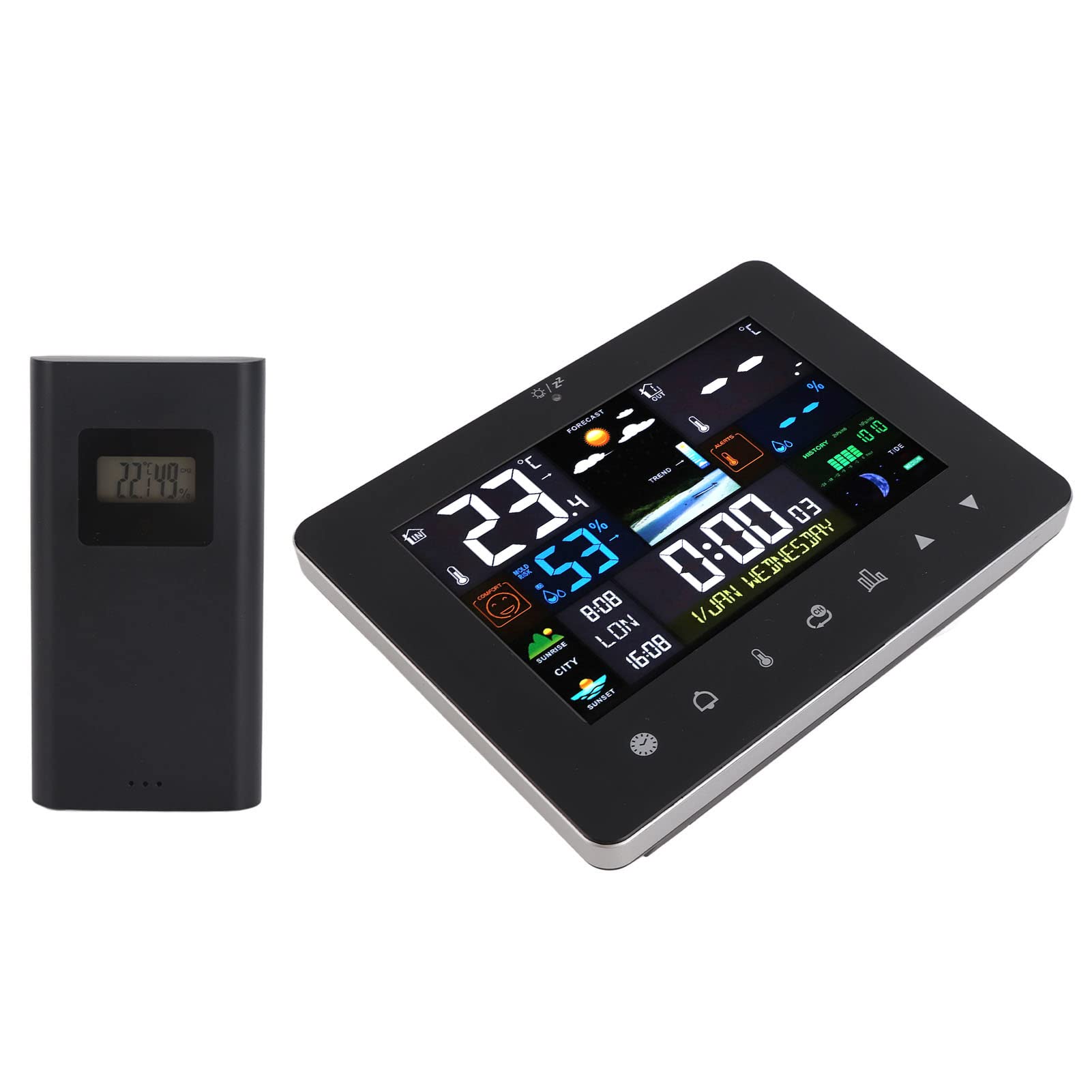 Weather Forecast Station with Sensor Radio Weather Station Color Touchscreen, Moon Phase and Clock, Calendar Alarm Clock, Weather Clock for Home, Office