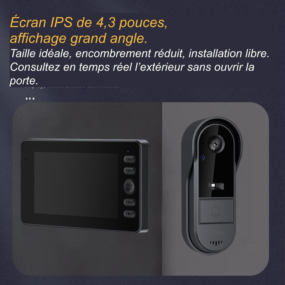 TKMARS Sonnette sans Fil Extérieur Étanche avec Caméra,Portier Vidéo Étanche IP65,Visiophone sans Fil Écran HD 4.3",120° Grand Angle,Communication Bidirectionnelle,Capture d'image Automatique