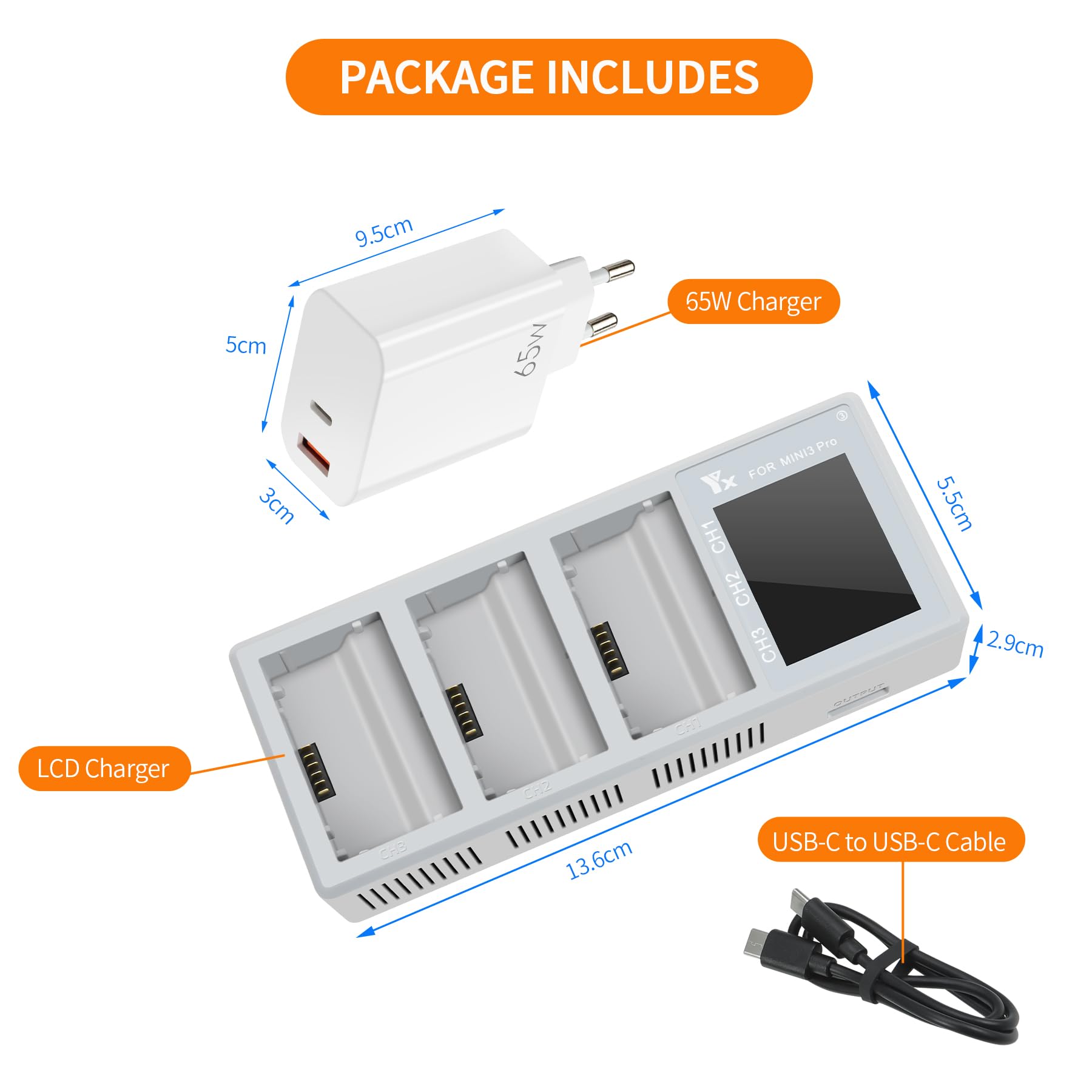 LCD Chargeur de Batterie avec chargeur USB-C 65W pour DJI Mini 4/3 Pro,Mini 3 Drone, Charge 3 Batteries Simultanément, Station de Recharge bidirectionnelle,Charger Hub Accessoires