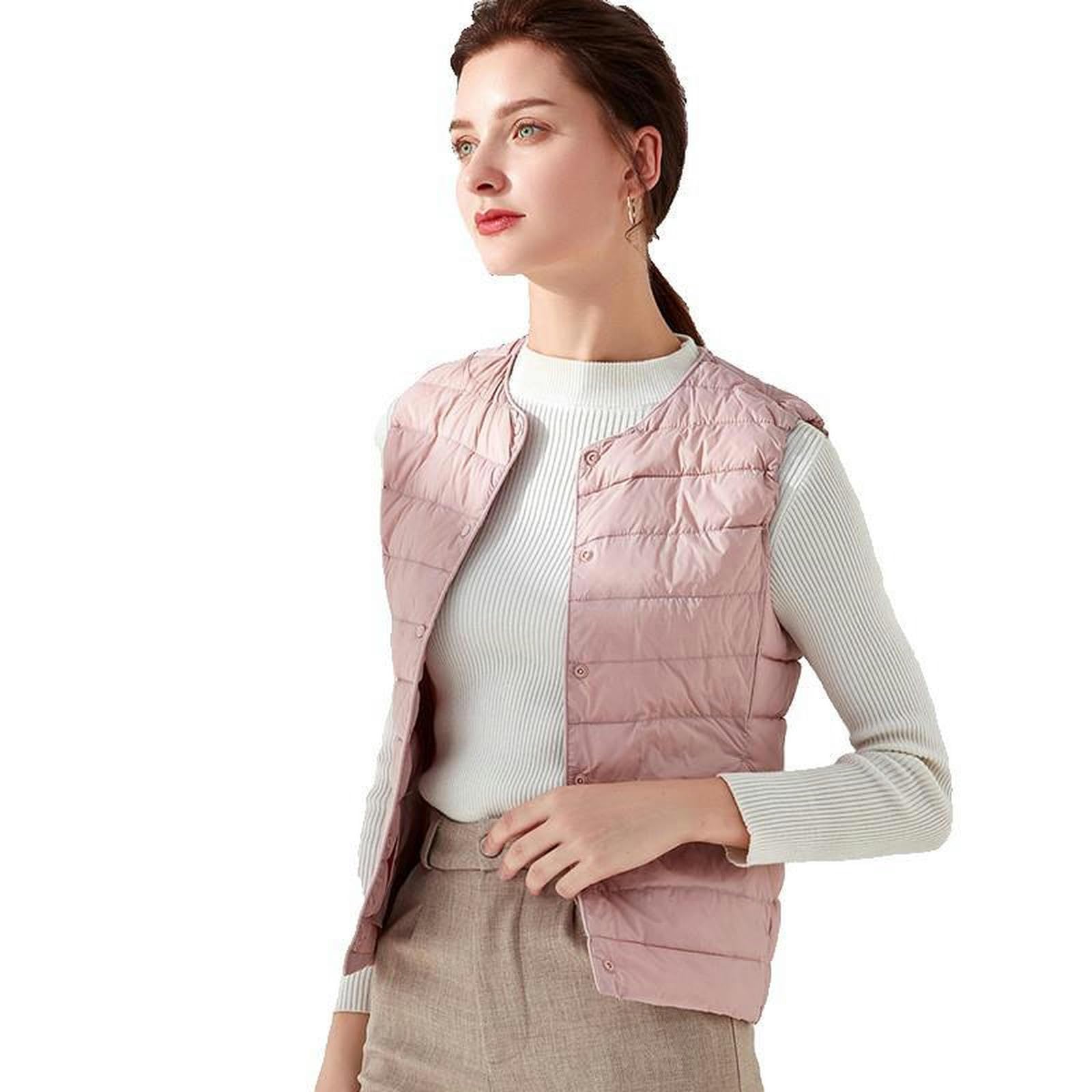 AYAZER Round neck thin down vest casual collarless waistcoat large size V-neck down vest-pink-M