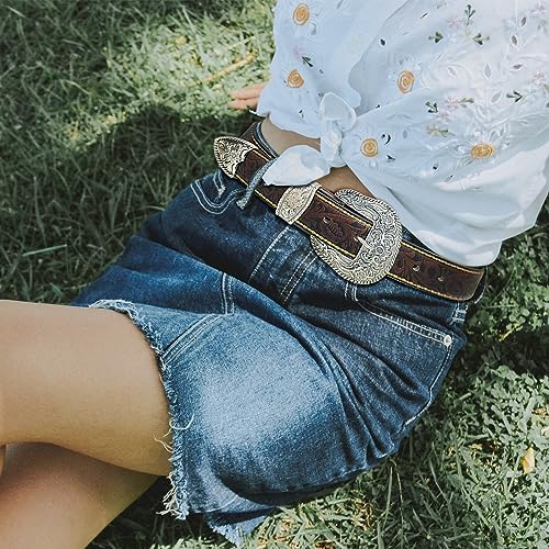 QuneusHot Western Floral Belt Cowboy Leather Brown Belts Cowgirl Vintage Country Embossed 1.5inch Wide Buckle for Women2