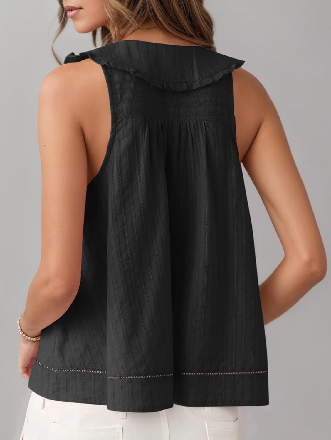 Tankaneo Womens Peter Pan Collar Shirt Summer Casual Sleeveless Button Down Tops Loose Fit Eyelet Hem Vest - Image 4