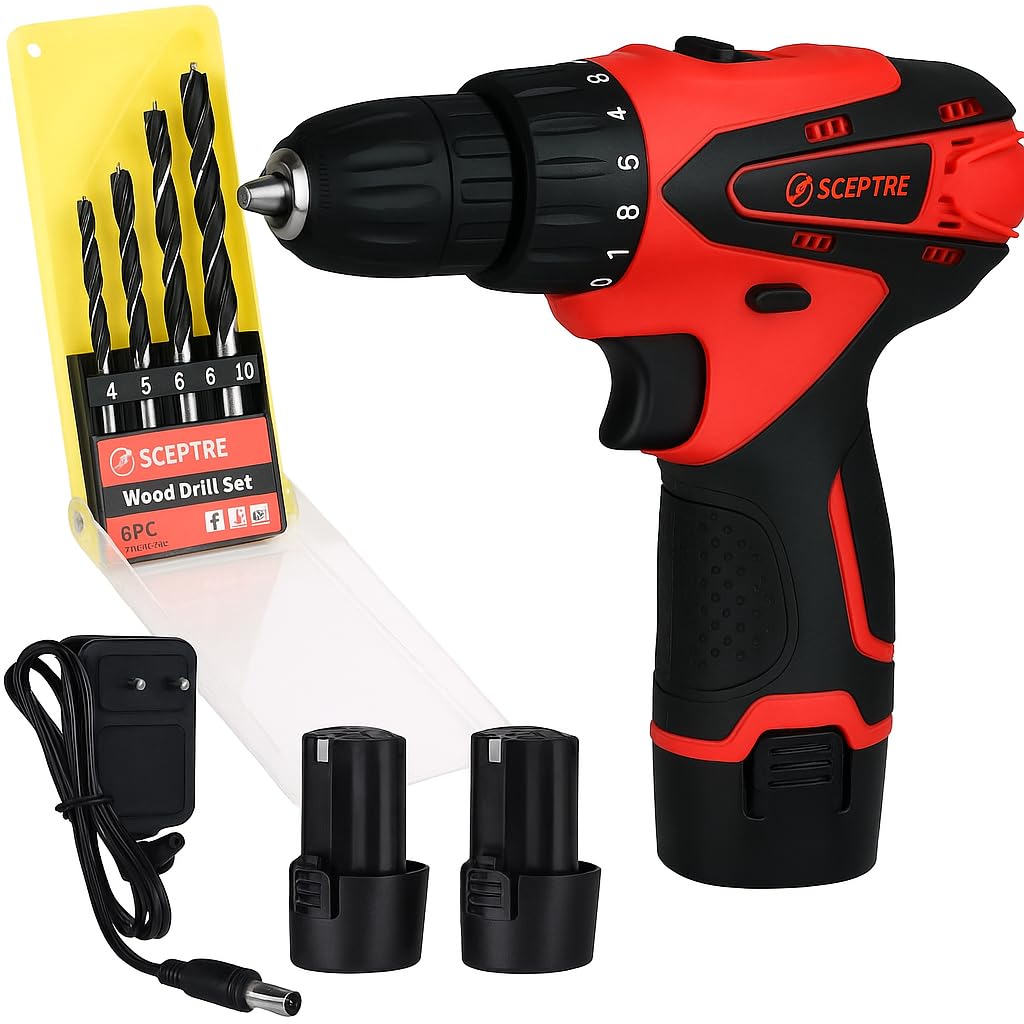 SCEPTRE CD120B 12V Cordless Drill Machine with 1350 RPM, 10mm Keyless Chuck, (25+1) Torque Settings, Reversible Function, LED Light & 2 Batteries – for Wood, Metal, DIY Projects (Red)