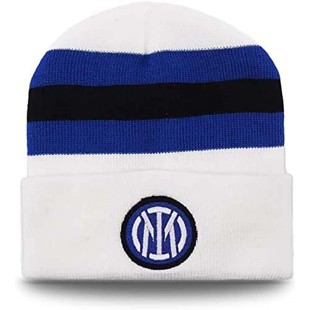 Inter Unisex Adults With Flap New Logo, Striped Football Cap, White Striped Black/Blue, One Size UK