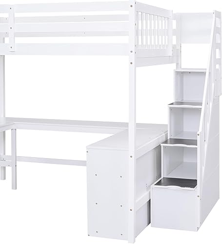 Miniatura 8 de VilroCaz Cama loft multifuncional de tamaño matrimonial con escritorio incorporado en forma de L y estanterías marco de cama loft de madera maciza