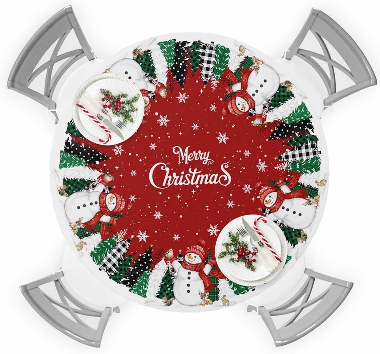 Red Christmas Snowman Round Fitted Tablecloth with Elastic Edge Merry Christmas Plaids Xmas Tree Winter Snowflake Red Black Waterproof Oil Proof Table Cover for Party Picnic Fits 55"-60" Round Tables