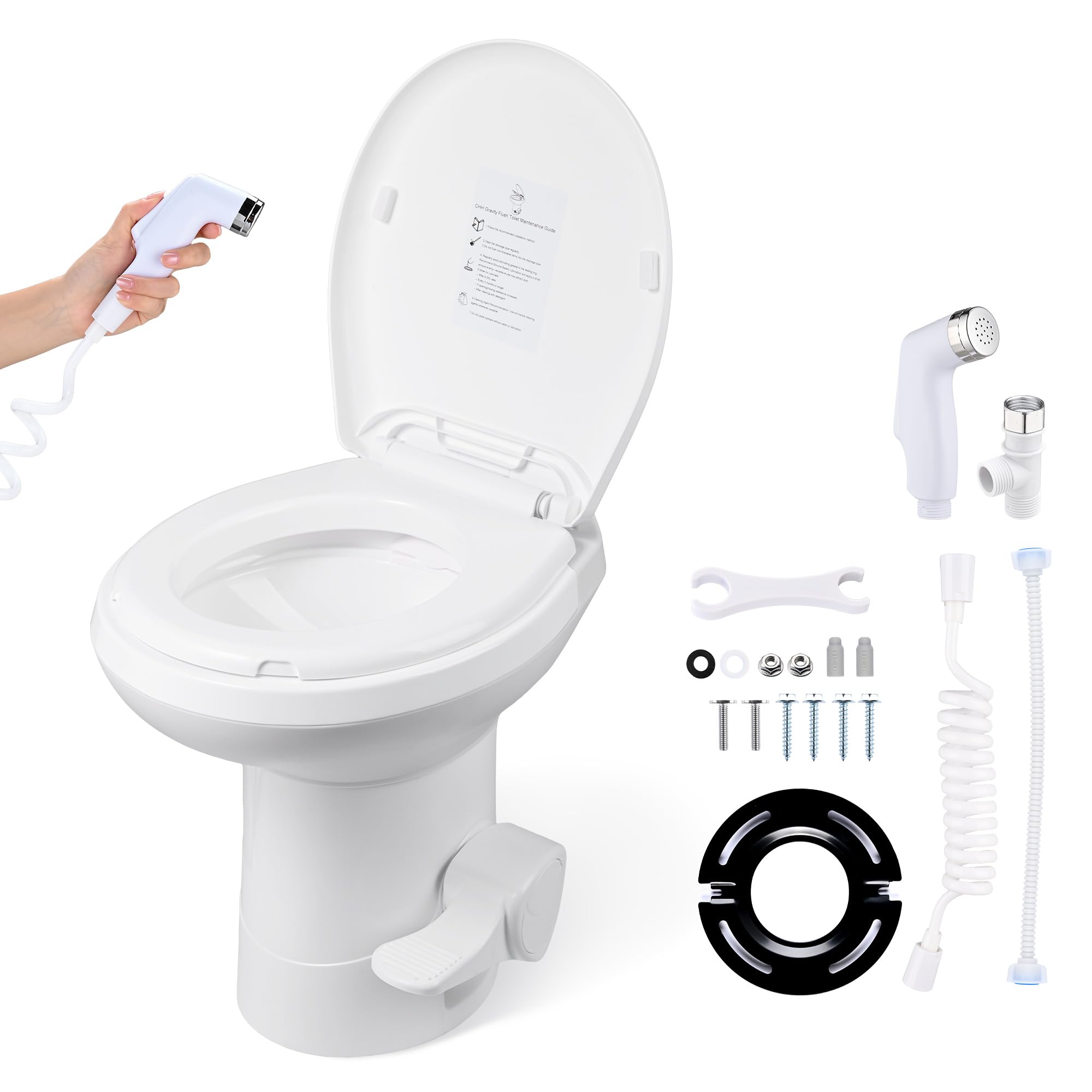 AW 20" High RV Camper Toilet with Bidet Spray Gravity Flush Elongated HDPE
