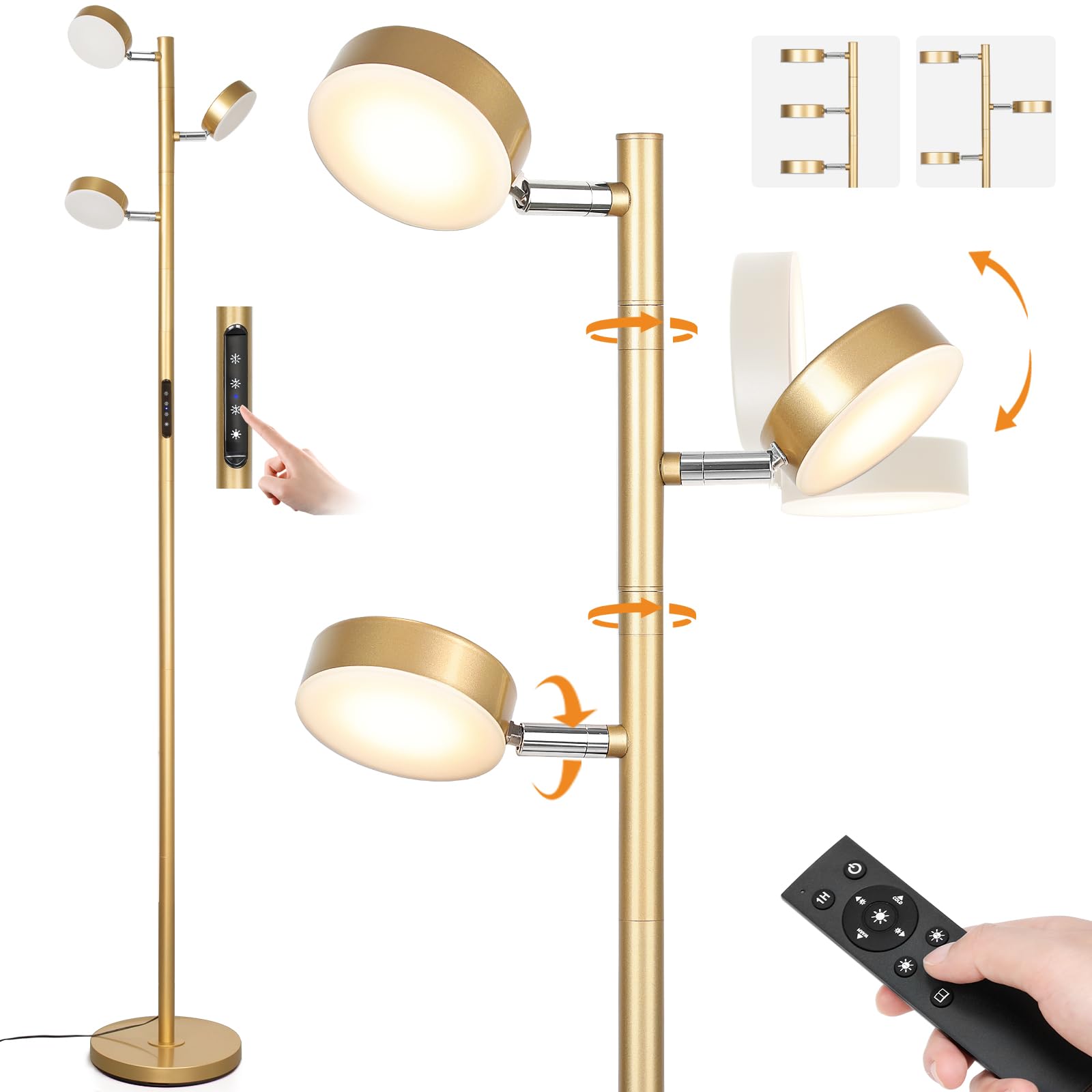 Gold Floor Lamp for Living Room with Remote Modern Tall Standing Lamp Dimmable LED Brass Tree Floor Lamps with 3 Adjustable Heads Touch Control 4 Color Temperatures for Bedroom Office Reading