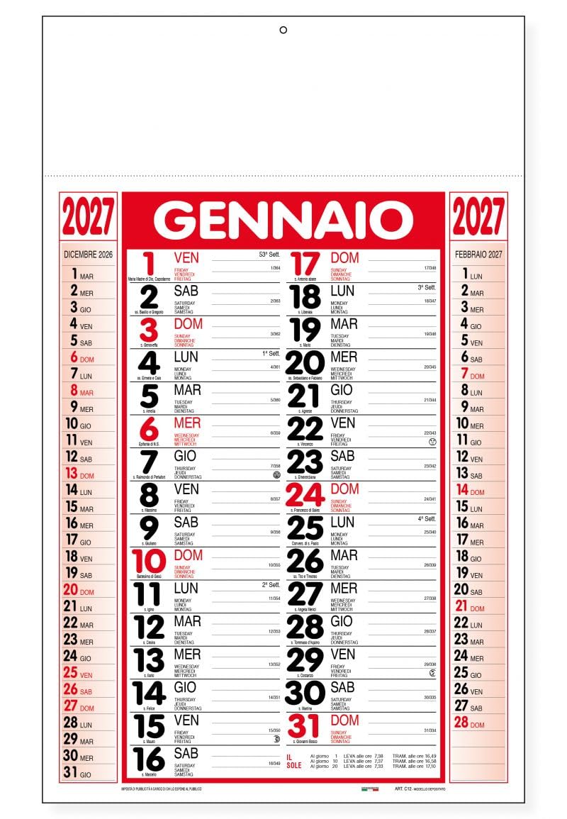 100 Calendari Da Parete 2027 - Calendario trimestrale classico rosso - 28,8x47 - personalizzati con logo - Personalizzabile - Collezione 2027-100 pezzi