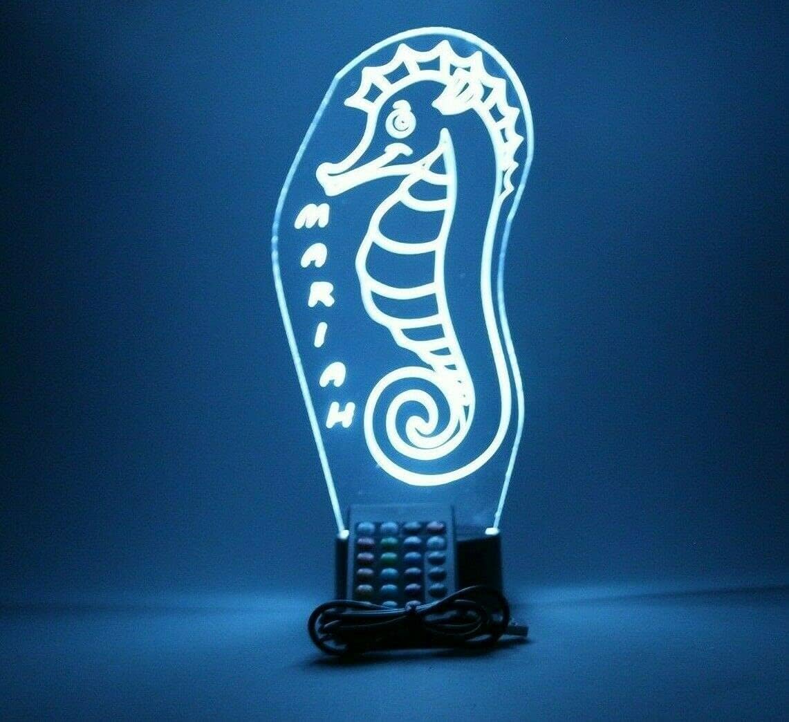 MIRROR MANIA Sea Horse Night Light Up Lamp LED Free Engraved Custom Name Personalized Seahorse Magical Fish Table Lamp, with Remote, 16 Color Options, Dimmer, It's Wow, Great Gift