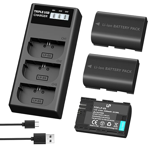 LP LP-E6 LP E6N Battery Charger Pack, 3-Pack Battery+Triple Slot Charger Compatible with Canon EOS R6 R5 R 90D 80D 70D 60D 60DA 6D 6D Mark II 5D Mark II/III/IV 5DS 5DS R 7D 7D Mark II XC15 XC10 4K/6K
