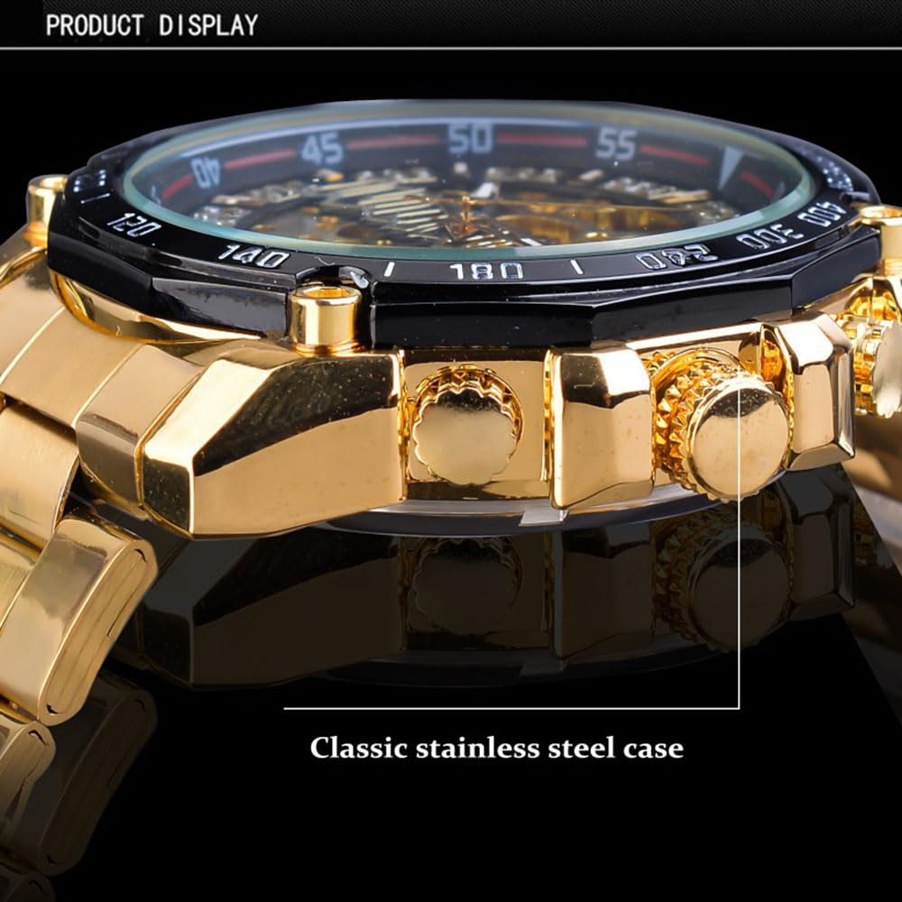 Reloj Esqueleto Dorado con Diamantes Hombre, Reloj Mecánico De Cuerda Manual con Correa De Acero Inoxidable, Relojes Automáticos Hombre, Relojes Luminosos Deportivos Y De Negocios