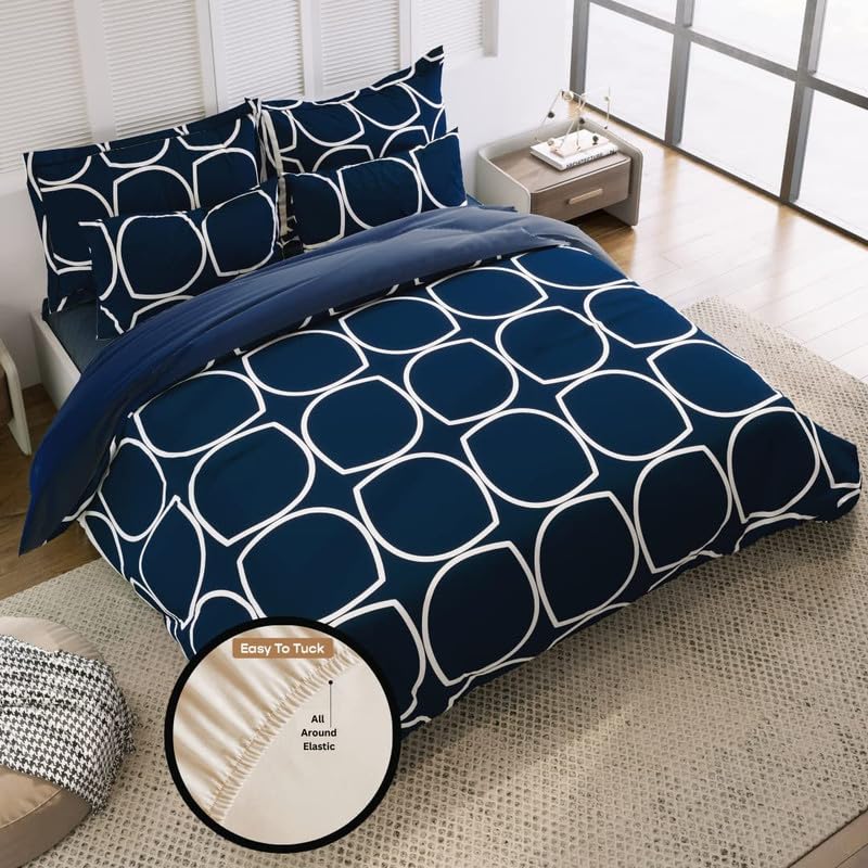 Prozone 100% Cotton 84x72 inch Super King Elastic Fitted Bedsheet | Premium Super King Size Fitted Elastic Bedsheet with 2 Pillow Covers,Circle & Blue