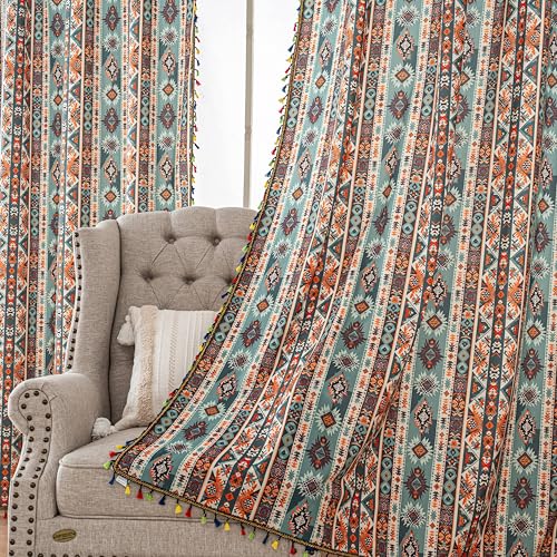 Image of Teal Orange Geometric Curtains 63 Inches Long, Boho Farmhouse Light Filtering Rod Pocket Drapes with Tassel Trim for Bedroom Living Room, 2 Panels