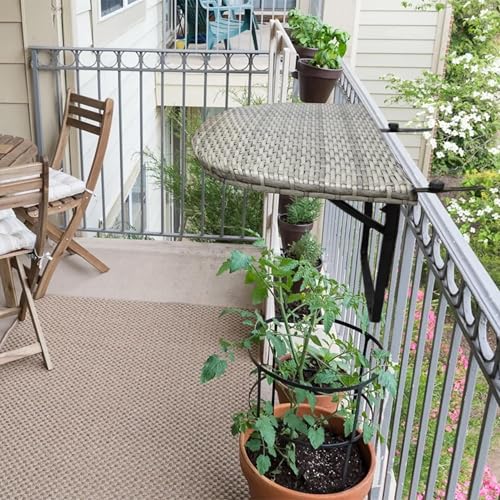 Image of White Indoor and Outdoor Foldable Wicker Balcony Table with Metal Frame and Adjustable Clamps