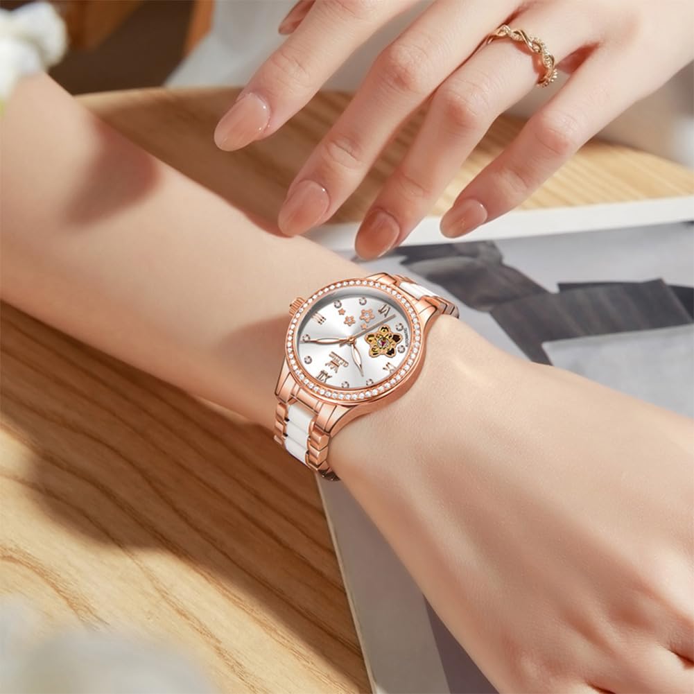 OLEVS Orologio automatico da donna, lussuoso, con diamanti, orologio da donna a carica automatica, cinturino in ceramica, impermeabile, set con bracciale e orologio da donna