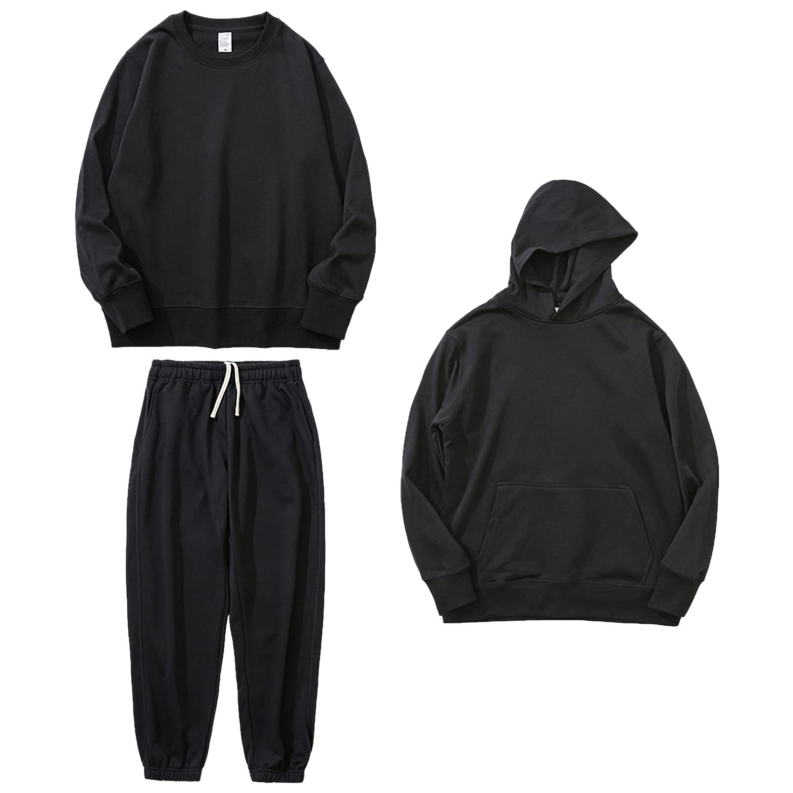 Unisex Uomo Donna 3 Pezzi Tuta da Ginnastica in Cotone - Camicie Girocollo, Felpa con Cappuccio e Pantaloni da Jogging con Tasche Nero XS