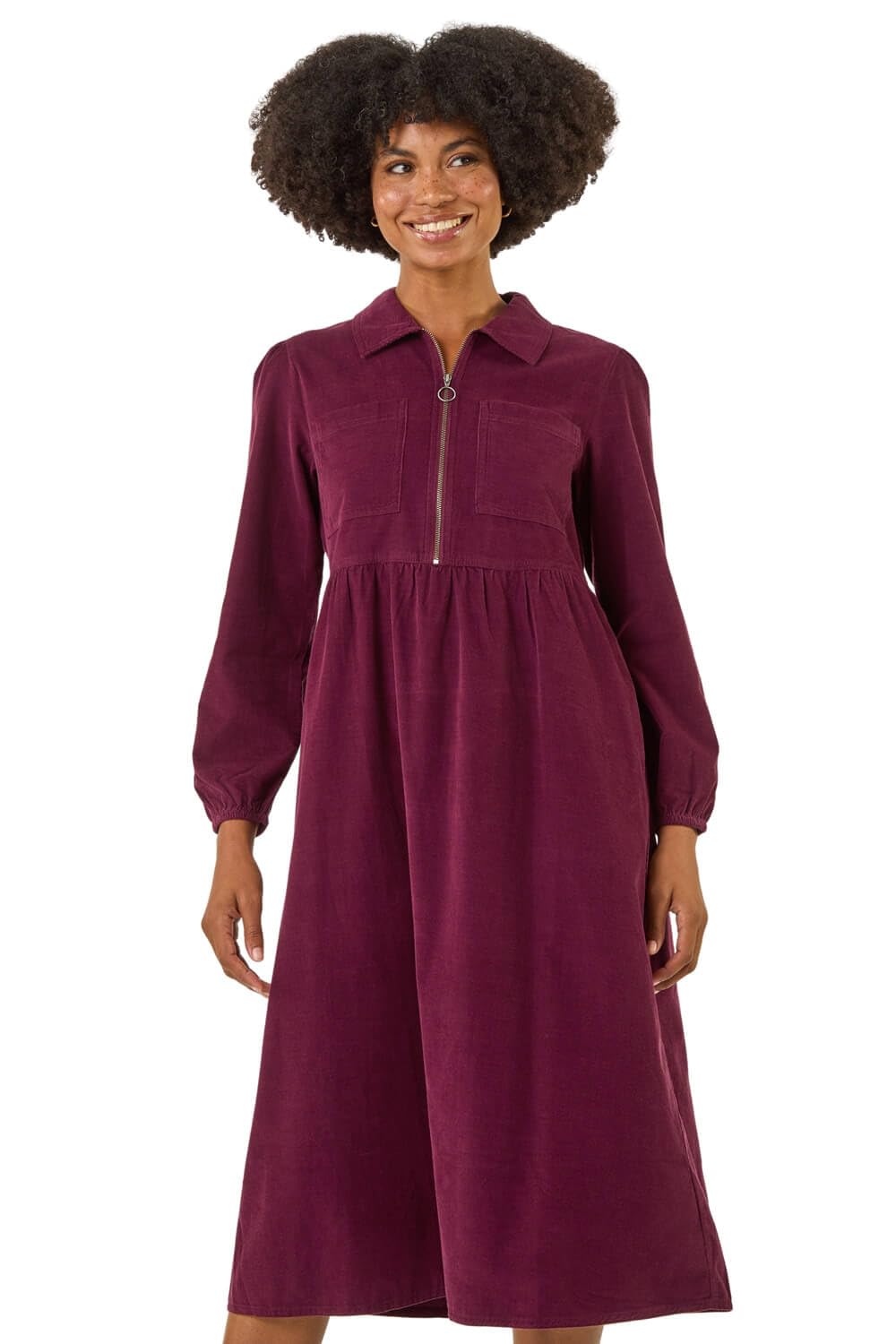 Roman Women's Port Corduroy Zip Detail Midi Dress