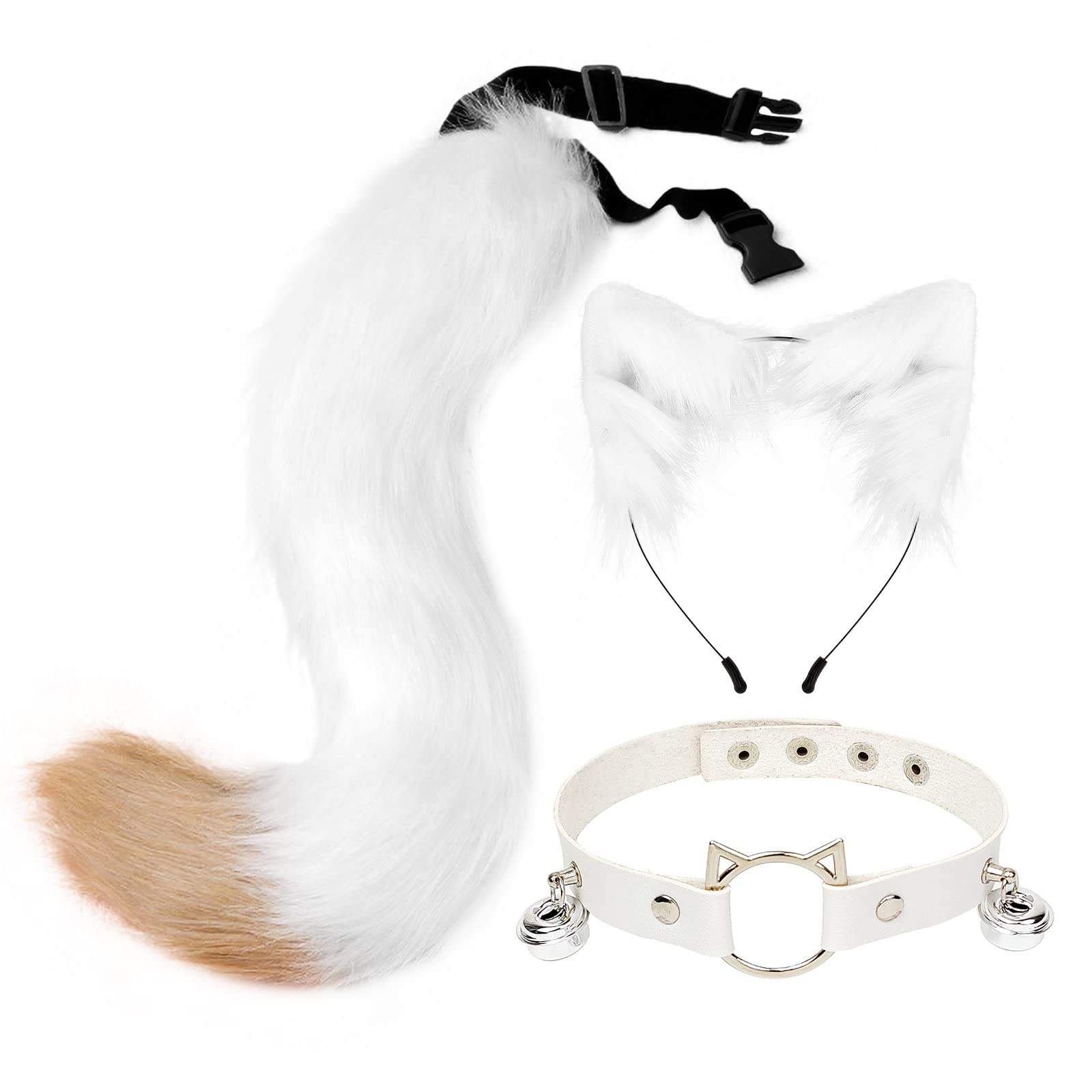 Abbigliamento per feste a tema Vestito Orecchie di animali artificiali Coda Orecchie di gatto Cerchio per capelli Coda di volpe Abito cosplay Accessori per collare (Cammello bianco Set tre pezzi)