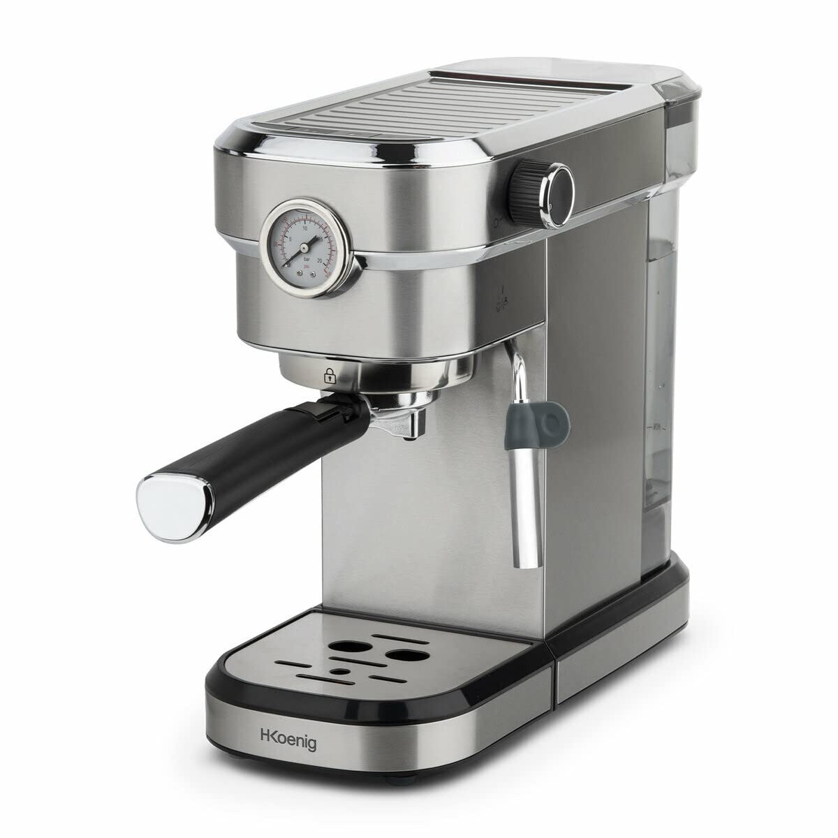 H.Koenig Professional Cafetera Espresso Automática Presión 20 Bar EXP820, Acero inox, Portátil, Sistema Thermoblock, 1.1L, Bomba barómetro, Calienta tazas, Espumador a vapor, Cafés y bebidas lácteas