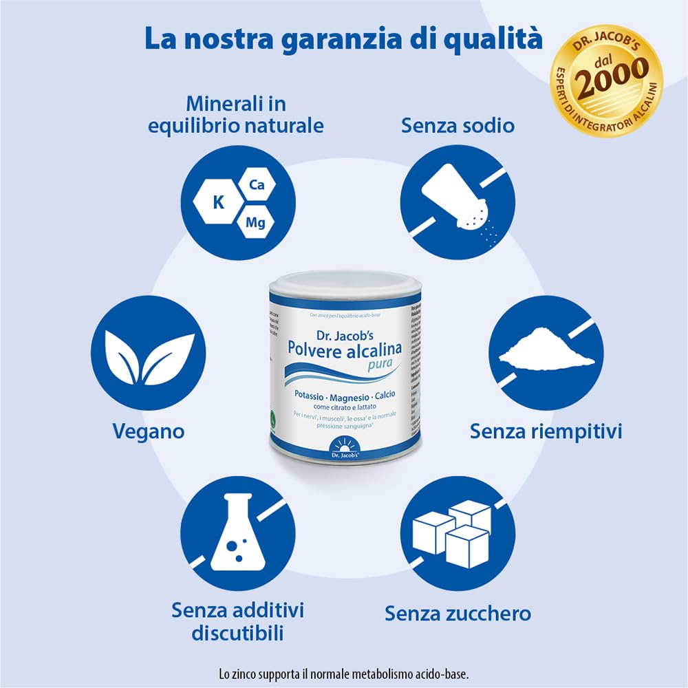 Polvere Alcalina Pura del Dr. Jacob, Barattolo da 200 g I Potassio, Magnesio, Calcio, Zinco come Citrato e Lattato I Equilibrio Minerale e Alcalino Mirato* I 36 Porzioni