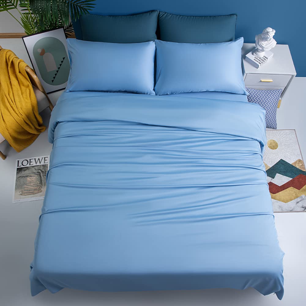 Shilucheng 100% Viscose Derived from Bamboo_ Sheets Queen Size 4pcs - Ultra Cooling & Silky Soft Bed Sheets, 16" Deep Pocket, Perfect for Hot Sleepers, Hotel Bedding Sheets (Lake Blue)