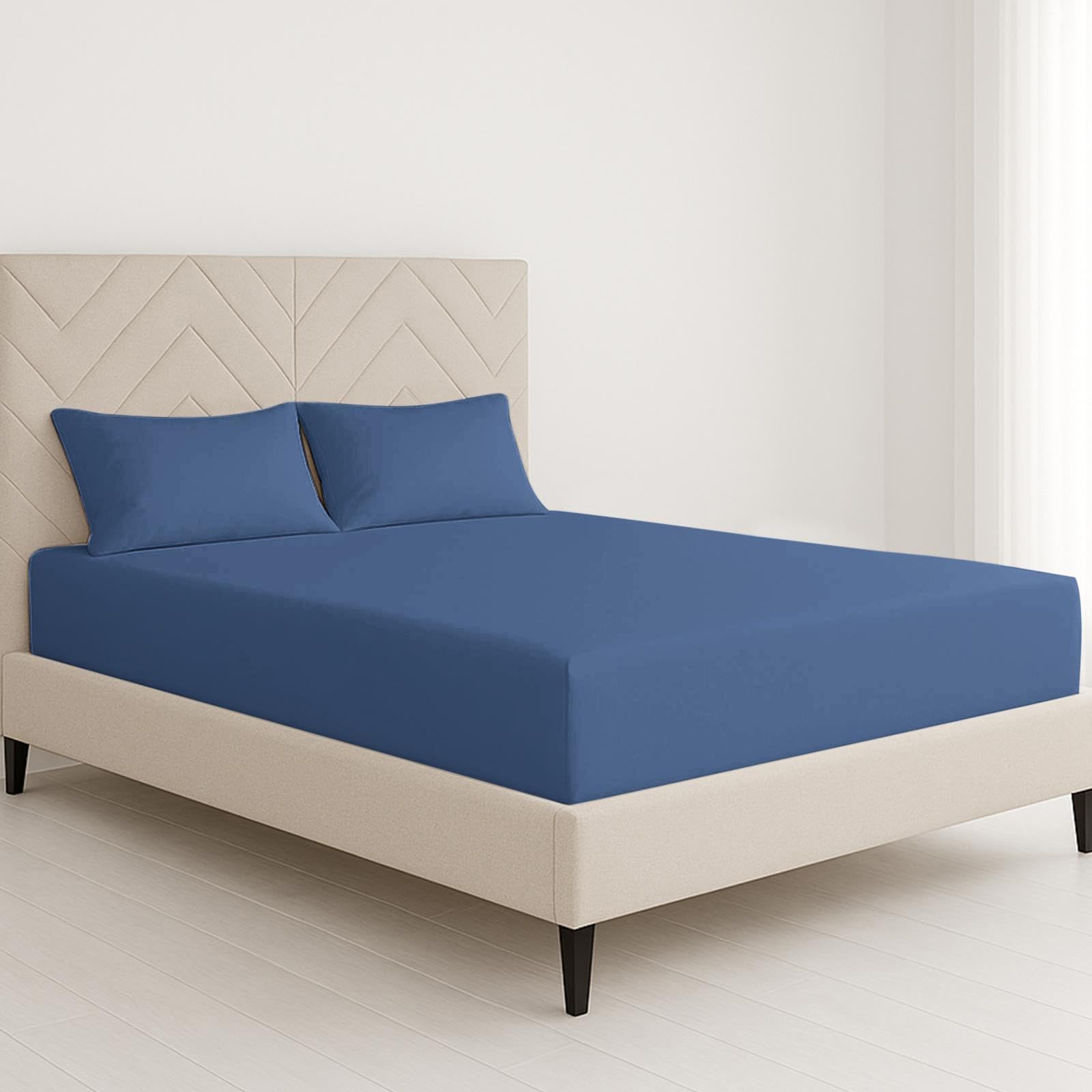 Chcomfort Navy Blue Deep Double Fitted Sheet With 2 Matching Pillowcases - Microfiber, All-Around Elastic 40Cm Depth, Wrinkle-Free, Fade Resistant - Suitable For All! (, Double)