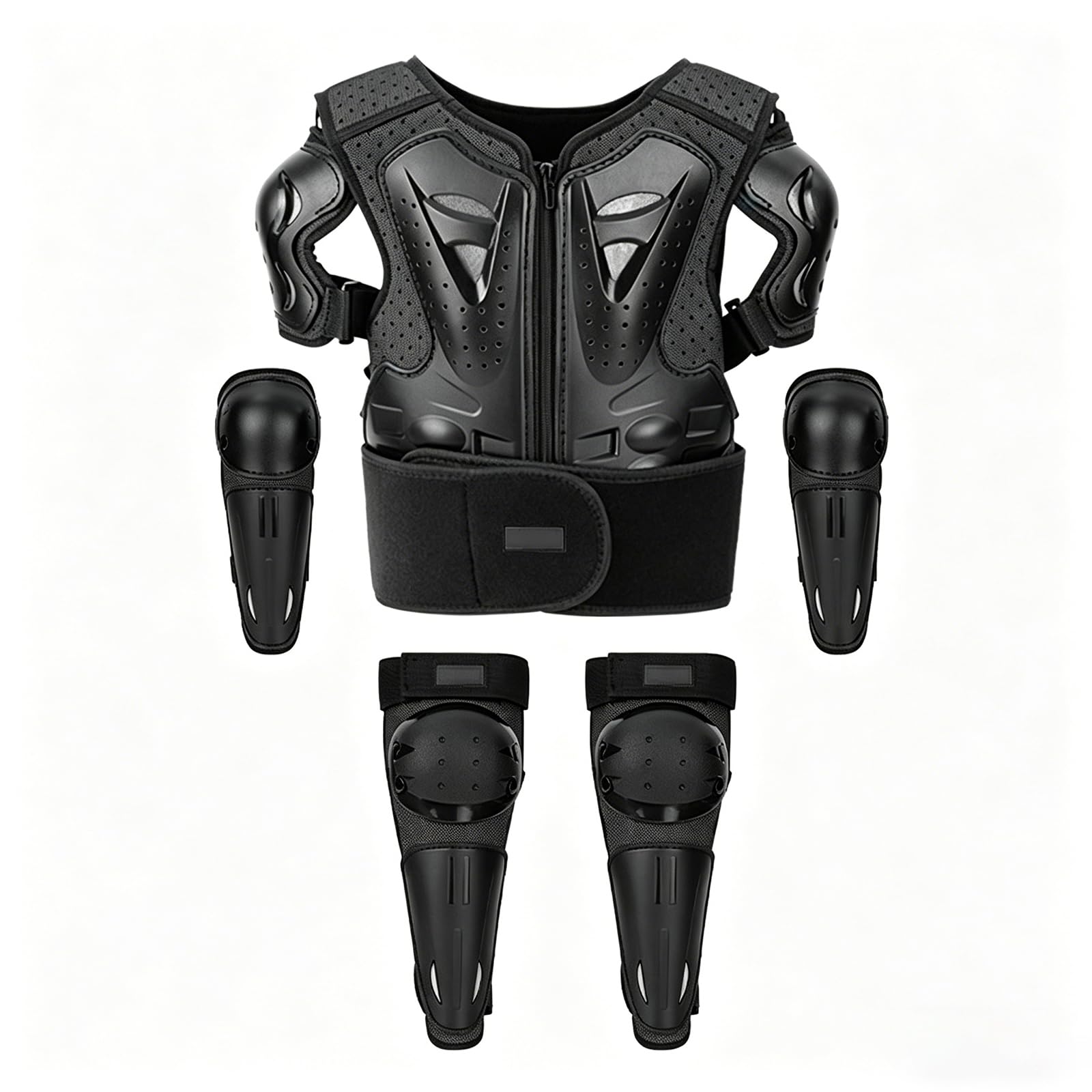 Ensemble de protections pour VTT avec plaque dorsale et genouillères pour le cyclisme | En PE et EVA, design biomimétique, construction modulaire, pour le ski, les rollers en ligne, à partir de 120 cm