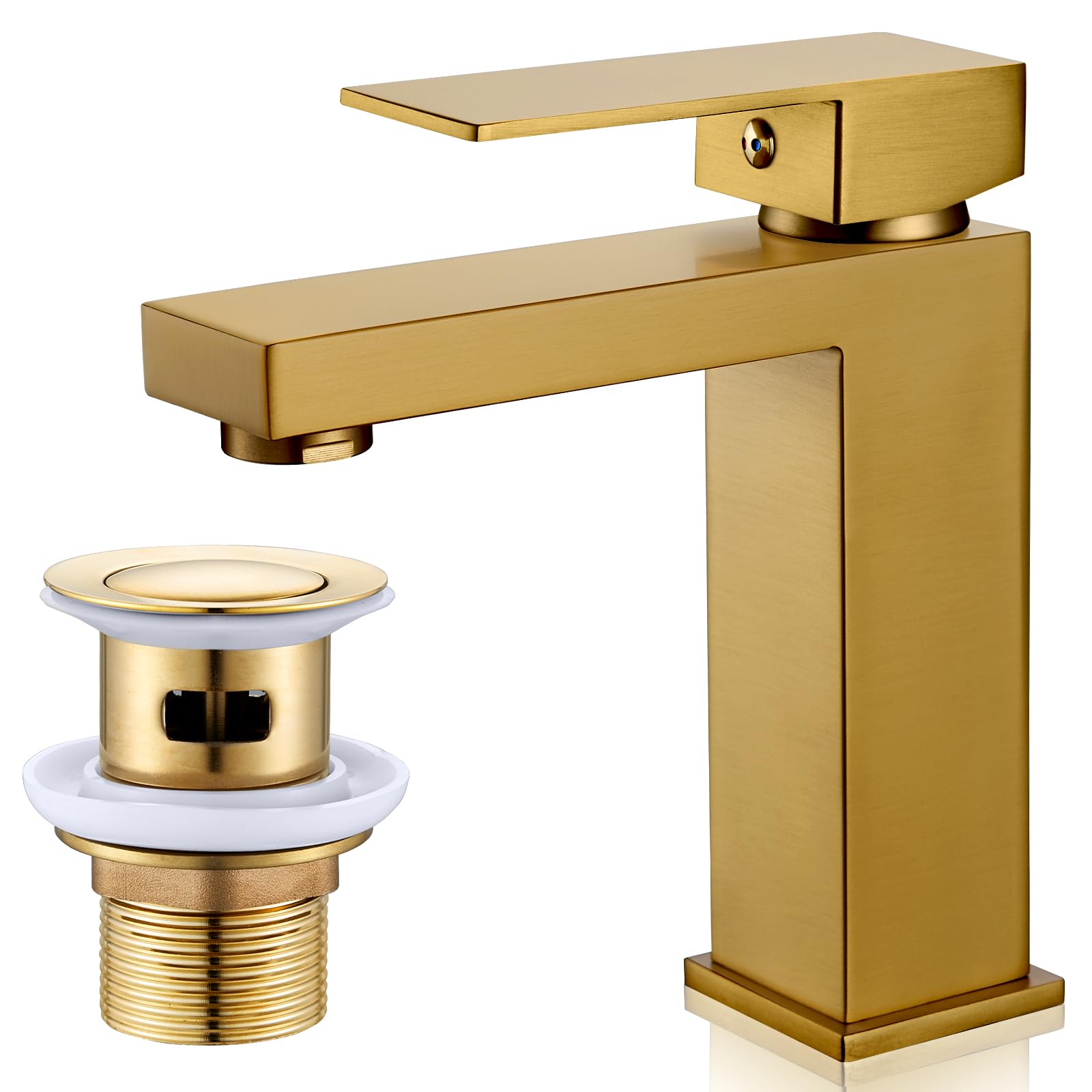 Grifo monomando dorado para lavabo con desagüe, monomando dorado, monomando para lavabo, con desagüe desplegable, mono-cuadrado