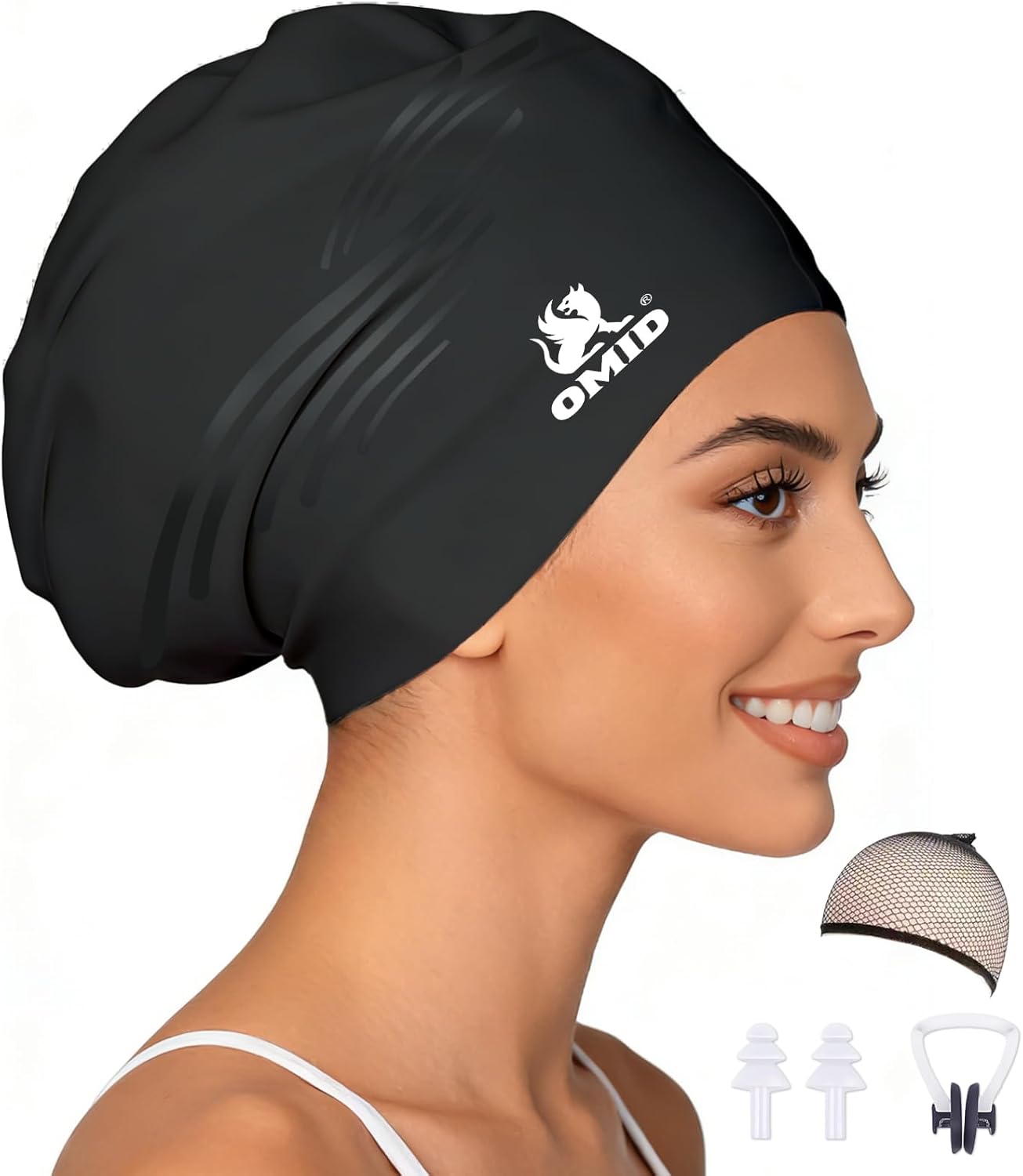 OMID Oversized Silicone Swim Cap for Adult Women Thick Curly Hair Dreadlocks Chlorine Resistant Pool Training