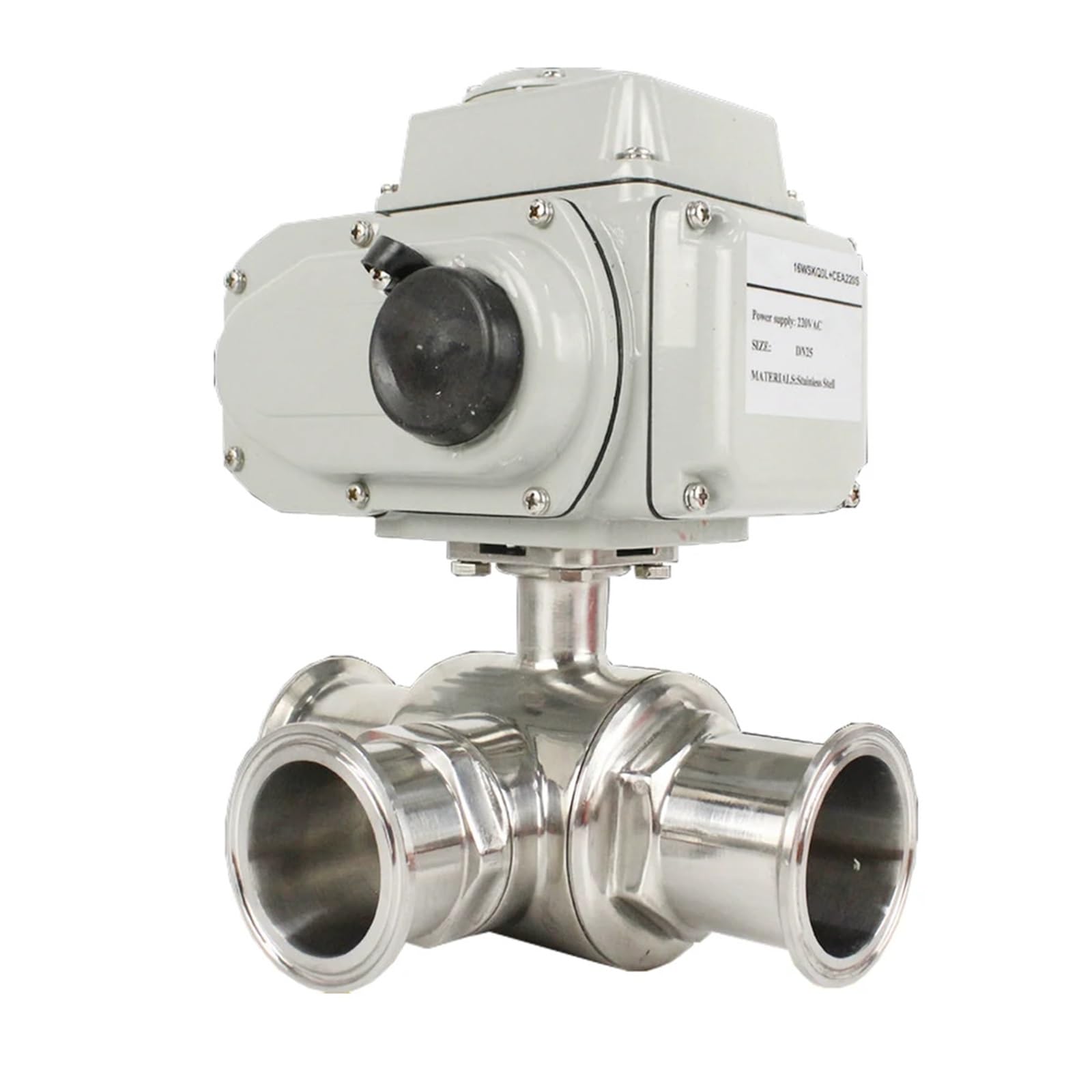 QRUYHBAJU 63mm 3 Way Sanitary High Platform Electric Ball Valves 220V 110V 12V Stainless Steel Tri Clamp Ferrule Type Motorized Ball Valve(T TYPE-12VDC)