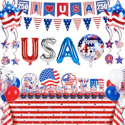 164PCS 4th of July Party Decorations Kit - Patriotic USA 250th Supplies